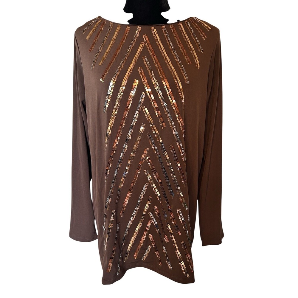Bob Mackie Wearable Art Sequin Chevron Blouse Top Brown Gold Bronze Medium NEW